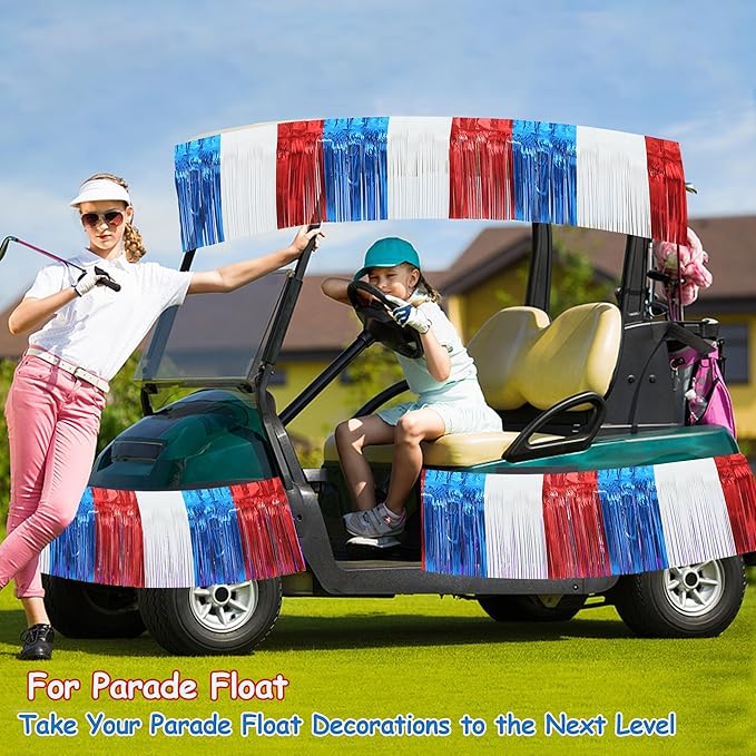 4 Packs Total 39 Feet 4th of July Parade Floats for Trailer Car, Red White Blue Foil Fringe Garland Patriotic Tinsel Streamers Banner Table Skirts for Graduation Homecoming Wedding Birthday Party