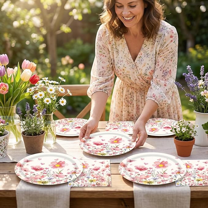 Spring Flowers Plates and Napkins Sets Pink Floral Party Supplies Wildflower 9inch 20pcs Paper Plates and 20pcs Napkins Tableware Party Decorations for Anniversary Wedding Birthday