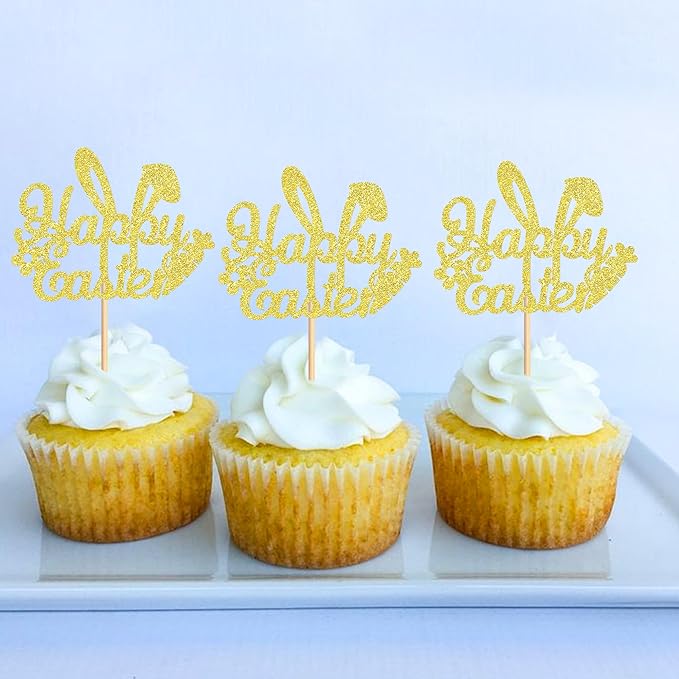 Ercadio 24Pcs Happy Easter Cupcake Toppers Glitter Golden Happy Easter Bunny Ears Cupcake Picks for Easter Day Theme Baby Shower Easter Birthday Party Cupcake Decorations
