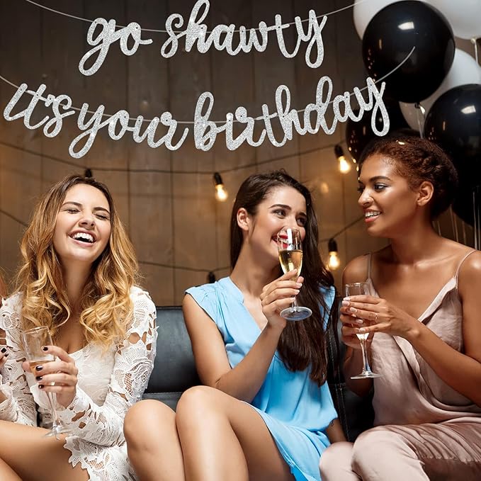 BEISHIDA Go Shawty It's Your Birthday Banner NO DIY Hip Hop Theme Happy Birthday Banner Pre-Strung Rap Theme Happy Birthday Sign for Man Women birthday Party Supply Glitter Silver