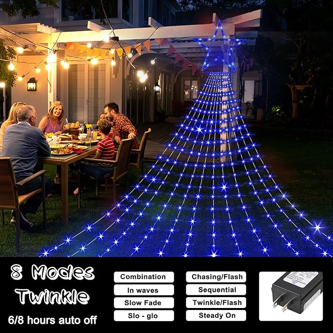 Onory Christmas Outdoor Star String Lights 23FT 860 LED Waterproof Waterfall Tree Lights with Star Topper, 8 Modes Christmas Decorations Outdoor Tree Lights for Patio, Yard, Party Holiday Dec