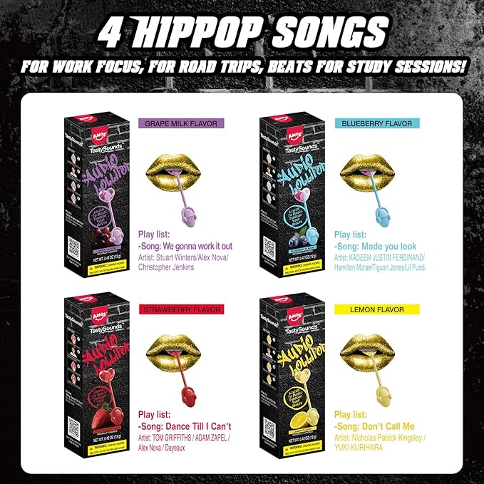 AMOS Music Lollipop Candy Suckers – TastySounds Audio Hip Hop Singing Lollipop, Assorted Fruit Flavors, Sugar-Free, Low-Calorie Snack, 4-Pack Gift Box