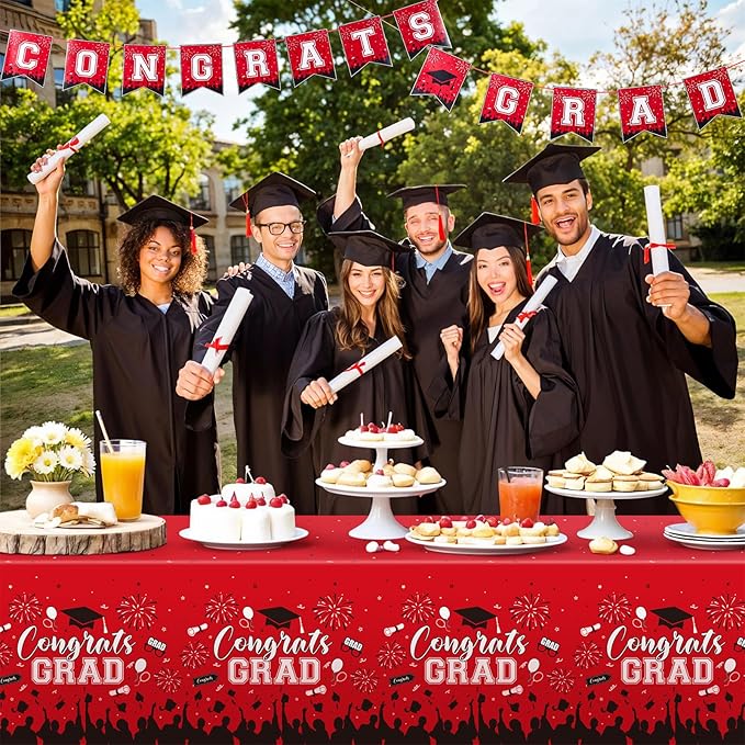 3 Pack Plastic Graduation Tablecloth, Graduation Decorations Class of 2026 Disposable Rectangle Red and Black Table Cover, 2026 Gongrats Grad Table Cloths for Graduation Party Decorations, 54x108