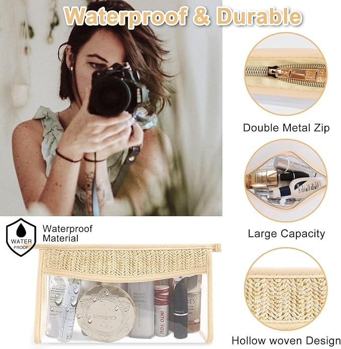 2Pcs Boho Patch Bag Clear Makeup Letter Bag, Waterproof Zipper Make up Bags Toiletry Pouch for Women Girls, Hollow Woven Clear Letter Patch Cosmetic Bags Transparent Organizer Pouch for Travel