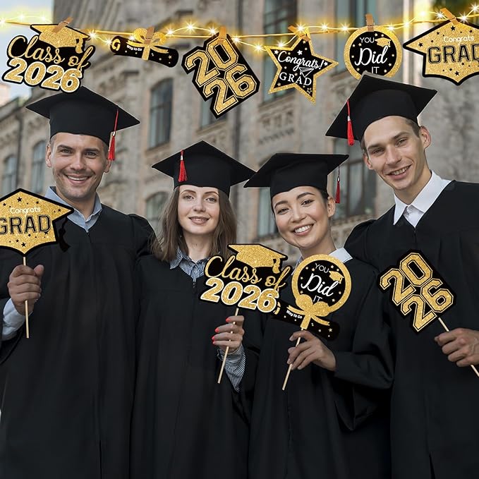 OuMuaMua Graduation Decorations Class of 2026-30pcs Black and Gold Graduation Table Centerpieces Sticks Table Toppers with Lights for College High School Congrats Grad Party Supplies