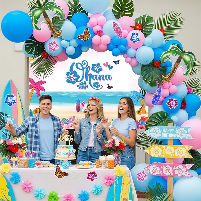 Blue and Pink Balloon Garland Arch Kit with Coconut Tree foil balloons ohana Backdrop Hibiscus Flower Paper Card for Summer Hawaii gender reveal Baby shower Hawaii cartoon birthday party decorations