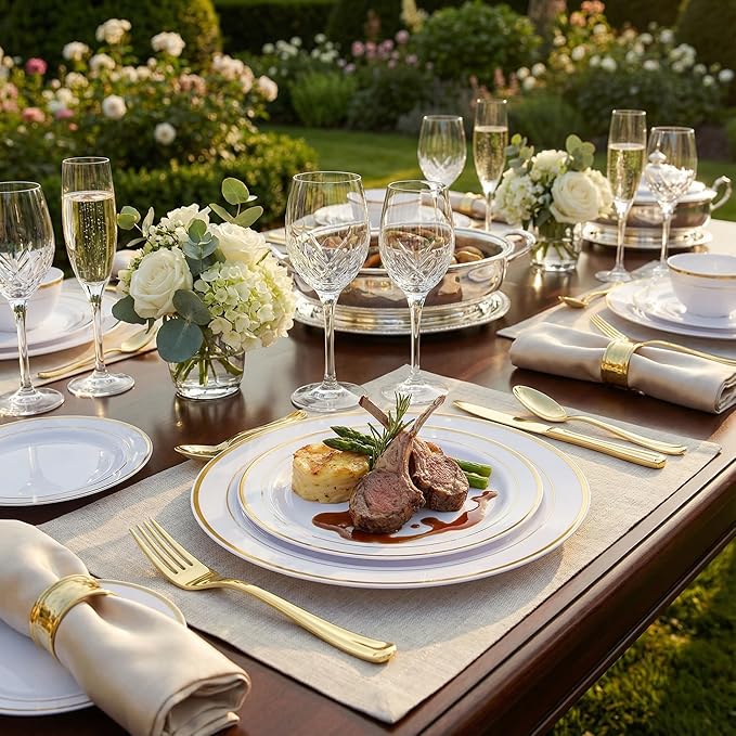 Supernal 400pcs Gold Plastic Plates for 50 Guests Heavy Duty Disposable Party Plates, 200 Gold Plastic Silverware, Linen Napkins, Clear Cups For Valentine's Day Mother's Day and Easter
