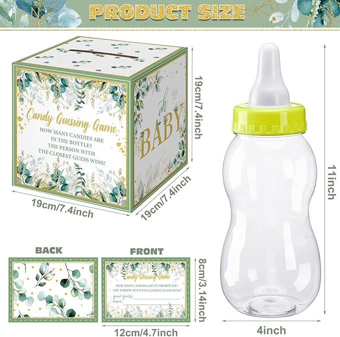 Glenmal 52 Pcs Baby Shower Games Gift Sets Large Baby Bottle for Shower Game Guess How Many Candies Decorations for Gender Reveal(Leaf)