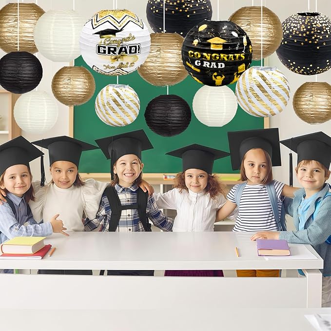 ADLKGG Graduation Paper Lanterns Party Decorations, Black and Gold Hanging Paper Lanterns for Class of 2025 Decorations, Congratulation Graduation Party Supplies, School, Home, Car Grad Decor, 16PCSs