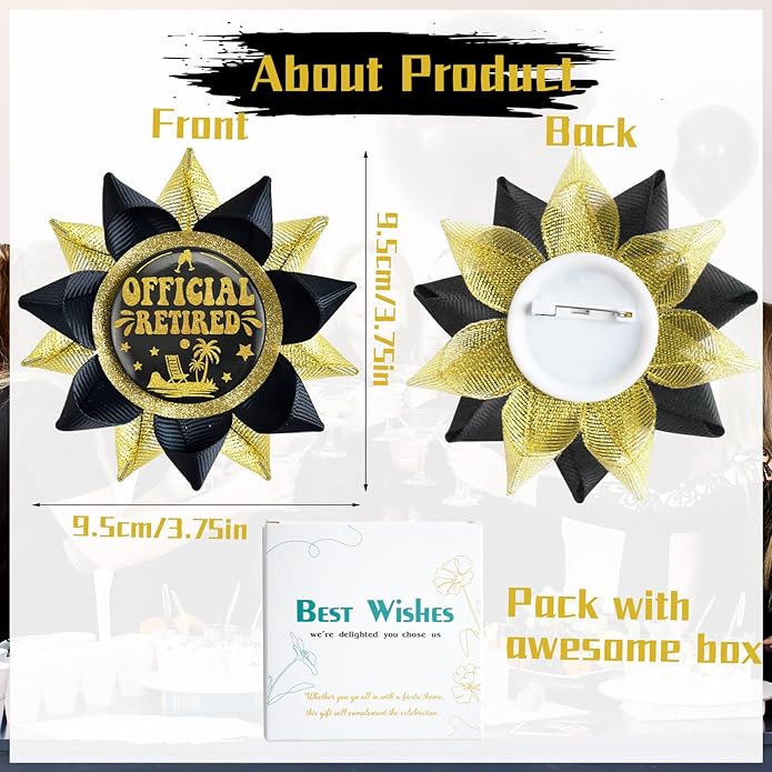 Handmade Official Retired Pins, Black Gold Retirement pins for Men and Women Retirement Party Decorations Supplies, Retired Gifts for Both Women and Men, Office Farewell Party Supplies