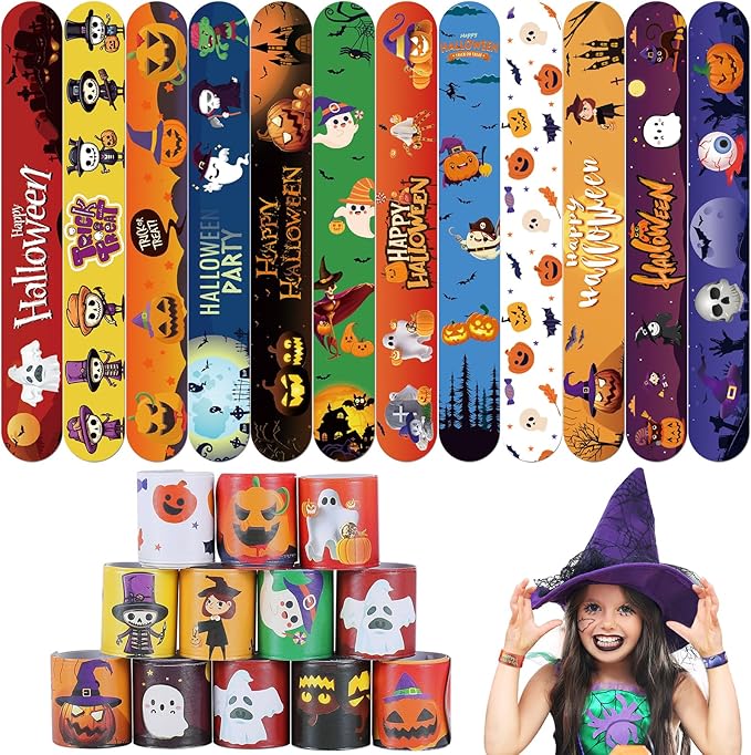 Halloween Slap Bracelets 36 PCS Bulk Halloween Party Favors for Kids Pumpkin Ghost Snap Bracelet Party Supplies Goodie Bag Fillers Stuffers Student Classroom Prizes Toys Halloween Gifts for Girls Boys
