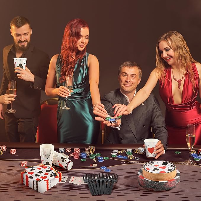Kochorie 144 Pieces Casino Party Supplies Set, Las Vegas Tableware Sets Including Disposable Plates Napkins Cups Forks Serves 24 for Birthday Poker Events Casino Theme Party Decorations