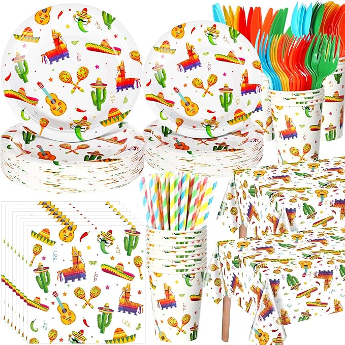 Ceenna 452 Pcs Mexican Party Supplies for 50 Guests, Fiesta Plates Napkins Cups Tablecloth Cutlery Straw Tableware for Cinco De Mayo Birthday Taco Party Decorations