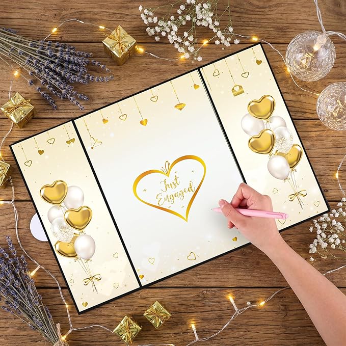 WSICSE Black Gold Engagement Party Decorations, Happy Engagement Signature Guest Book for Men Women Large Engagement Guestbook Gifts Signing Card Board Party Supply(16.7" × 11.8")