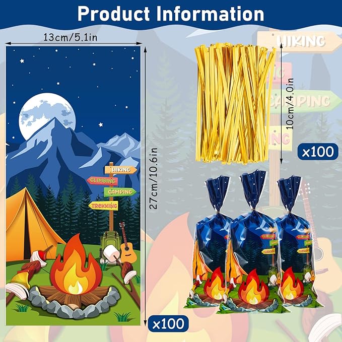 Gueevin 100pcs Camping Cellophane Treat Bags Camp out Goodie Candy Favor Bags with 100 Pieces Twist Ties for Party Decorations Kids Birthday Party Baby Shower Supplies Gift Wrapping