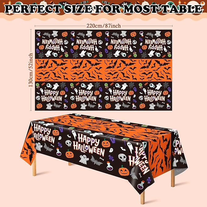 OHOME Halloween Decorations - 2 Pack Plastic Tablecloth for Halloween Party Decorations | Skeletons Bats Ghosts Pumpkin Table Decor for Outdoor Indoor Party Favors Supplies Backdrop Banner