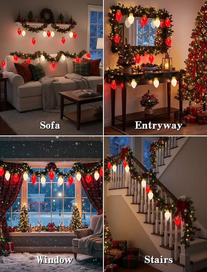 16FT Jumbo Red and White Christmas Lights Outdoor with 10 LED Red and White Bulbs,Jumbo Giant Christmas String Lights for Tree Holiday Home Roof Yard Garden Decorations