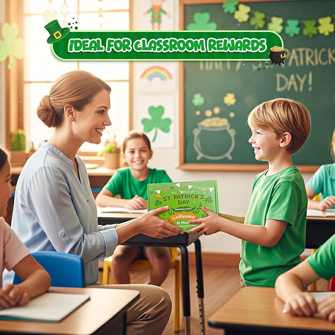 4E's Novelty 24 Pack St. Patrick's Day Shamrock Lollipops, Green Apple Flavor Individually Wrapped Shamrock Shape Candies, St Patricks Suckers Party Favors Goodie Bag Fillers, Fun St Patty's Day Office Classroom Candy