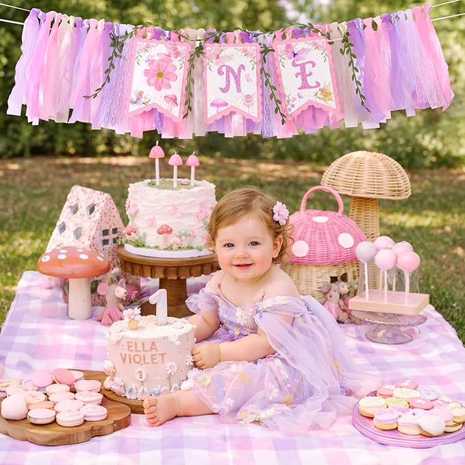 Fairy First Birthday High Chair Banner One High Chair Banner Girl Photo Backdrop Fairy First Birthday Decorations for Girl Wall Hanging Decorations for Kids Bedroom
