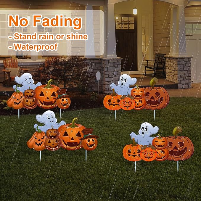 Large Halloween Decorations Outdoor Yard Signs, 4pcs Halloween Ghost Pumpkin Decor Yard Stakes Prop for Lawn Decorations Outdoor Garden Home Party Decor