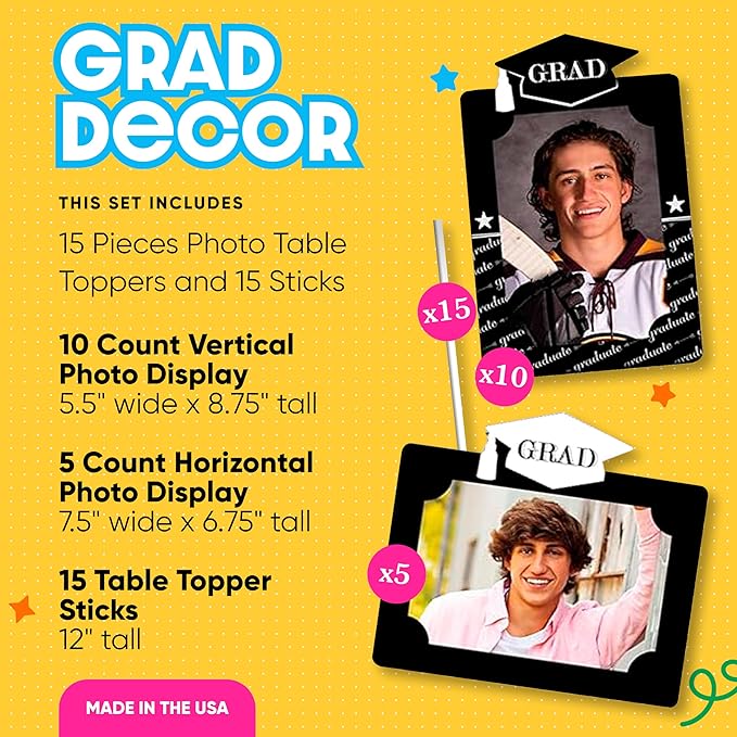 Black Graduation Party Decorations, Photo Display Centerpiece Kit - 15 Double-Sided Photo Table Topper Sticks, Vertical and Horizontal 4x6 Picture Holders - Graduation Cheers