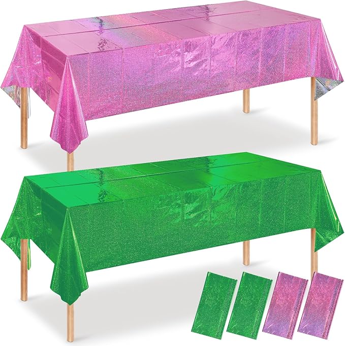 4 Pcs Iridescent Pink and Green Tablecloth Party Decorations, Holographic Foil Plastic Table Cloths for Rectangle Tables, Disposable Green and Pink Table Cover for Witch Theme Birthday Party Supplies