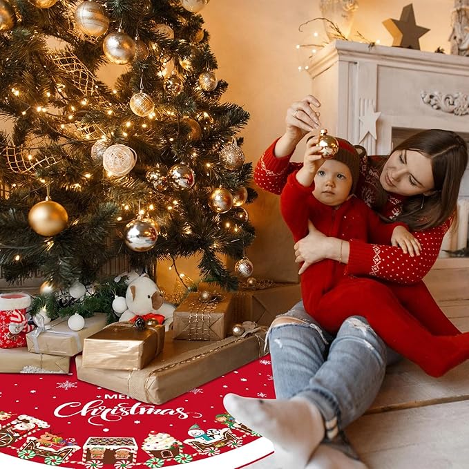 48 Inch Christmas Tree Skirt Double Layer Large Snowflake Xmas Tree Mat Decor for Winter Holiday Party Indoor Outdoor Christmas Decorations(Red,Train)