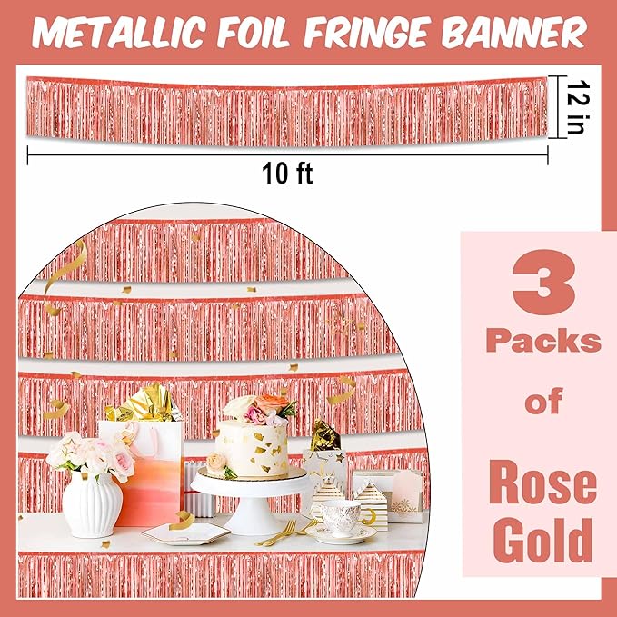 3 Pack 10 Ft Rose Gold Foil Fringe Garland Metallic Streamers Tinsel Banner Wall Hanging Garland Backdrop for Parade Floats, Graduation, Mother's Day, Carnival, Birthday, Wedding Party Decorations