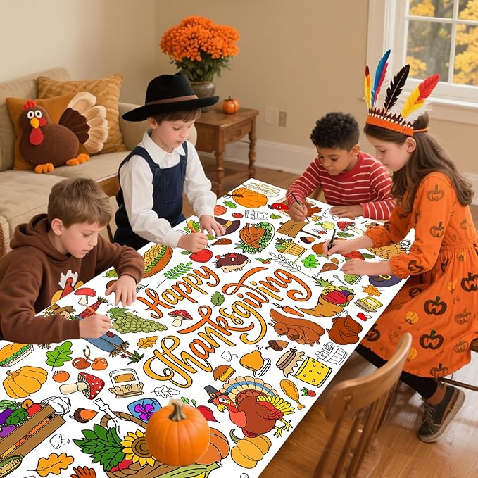 Thanksgiving Giant Coloring Poster,33.8 x 72 Inches Fall Jumbo Paper Tablecloth DIY Art Crafts Mat Turkey Pumpkin Poster Parties for Parent-Child Interaction Autumn Themed Wall Home Classroom Suppiles