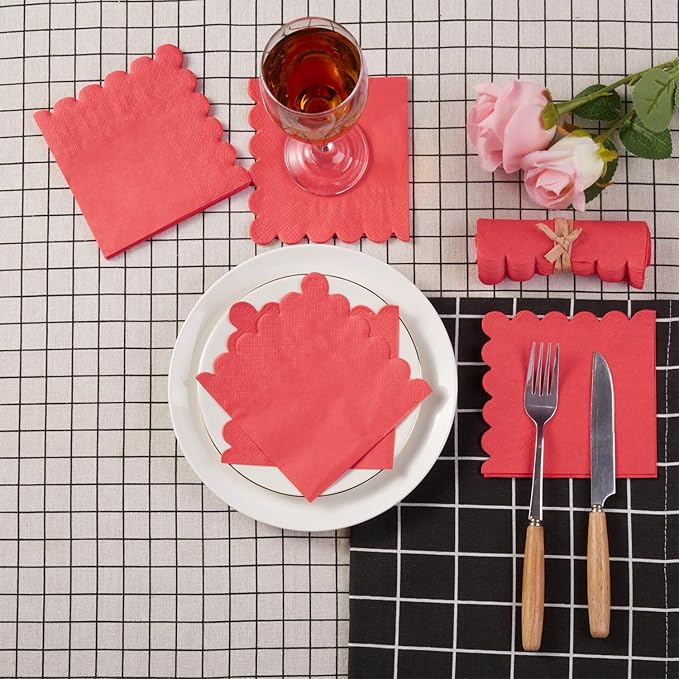 100 Pack Cocktail Napkin 2-Ply Scalloped Edged Dessert Napkins Folded 5 x 5 Inches Disposable Napkins for Dinner Wedding Birthday Party Bridal Anniversary Reception Event (Red)