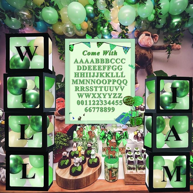 Ledido Black Transparent Balloon Boxes With 78 Letters Numbers, Letter Box for Baby Shower Clear Baby Box Black Balloon Boxes for Birthday, Bridal Shower, Graduation Prom Party Decoration, 7 PCS