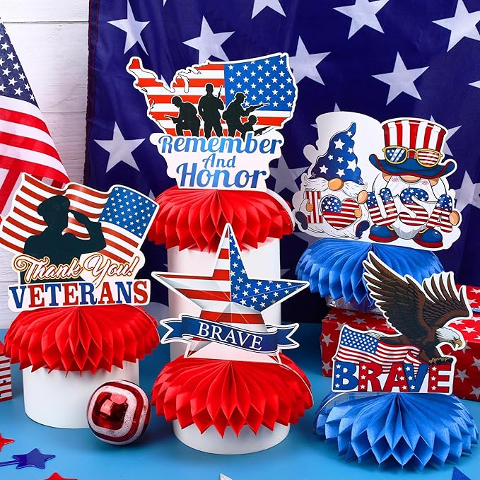 JULMELON 8PCS Veterans Day Table Decorations, Honeycomb Centerpieces, 3D Double Sided Happy Veterans Day Centerpieces for Tables Patriotic Decor Thank You Veterans Theme Party Supplies