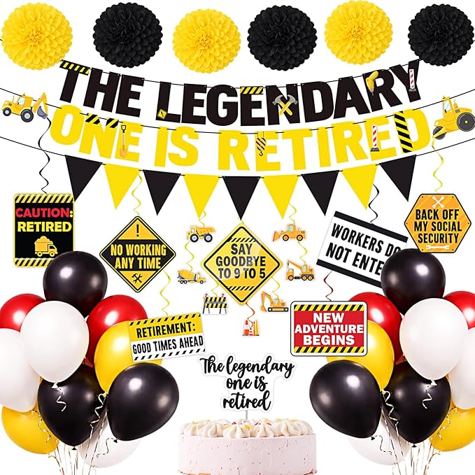 44Pcs Retirement Party Decorations Kit Legend Retired Banner Hanging Swirls Balloons Cake Topper Retire Decor Set for Women Men Coworker Family Celebration