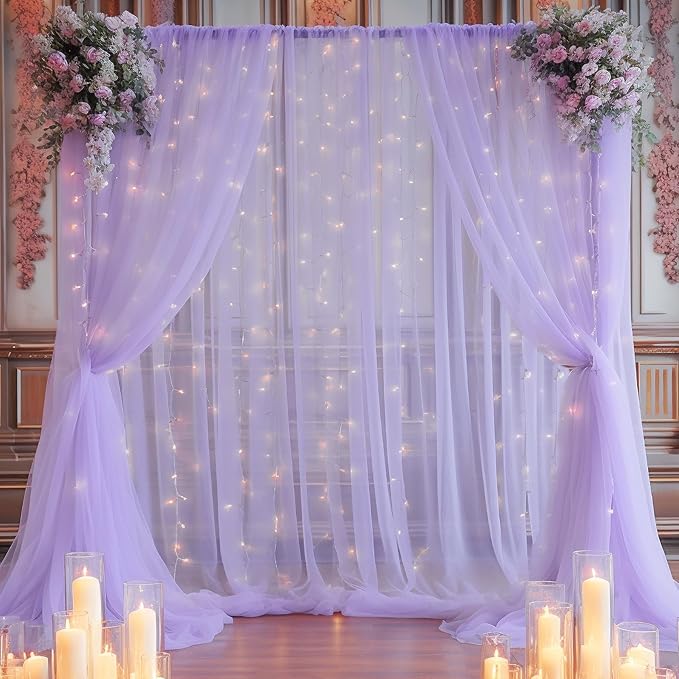 10x8ft Purple Tulle Backdrop Curtain with Lights String for Parites, Sheer Backdrop Curtains for Wedding Baby Shower Birthday Party Photo Shoot Decorations
