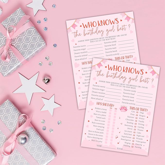 6"X8" Who Knows The Birthday Girl Best - Pink Full Print Heart Funny Double-Sided 3-in-1 Game Card Set for Girls Birthday Party, Sleepover Party Activities Supplies (20 Pcs)- A04
