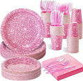 Hushee 350 Pcs Pink Holographic Print Party Supplies Guests Disposable Dinnerware Set Include Paper Plates, Napkins, Cups, Plastic Cutlery for Wedding Birthday Disco Bachelorette