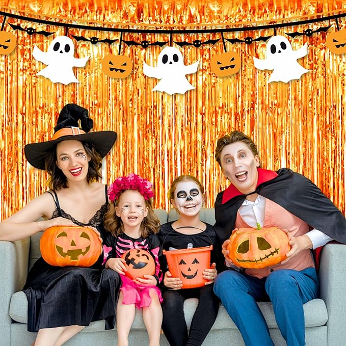 3 Pack Orange Foil Fringe Curtains Backdrop, 3.28 x 8.2 Ft Metallic Streamers Tinsel Curtains Background for Photo Booth, Birthday, Halloween, Christmas, Thanksgiving, New Year Party Decorations