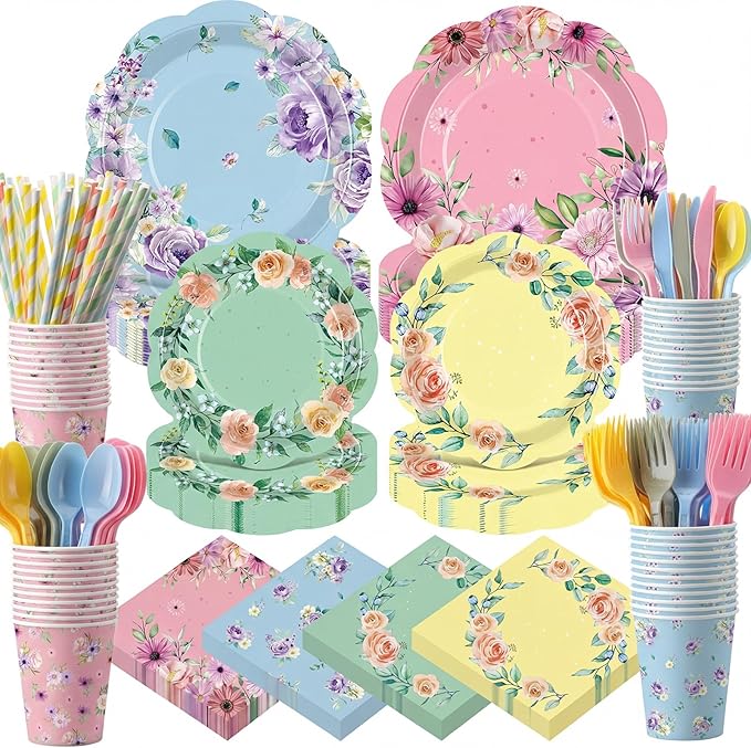 450 Pcs Floral Tea Party Tableware Set Decorations Spring Flower Paper Plates Napkins Cups Cutlery Straws for Pastel Garden Baby Bridal Shower Wedding Birthday Party Supplies, Serves 50