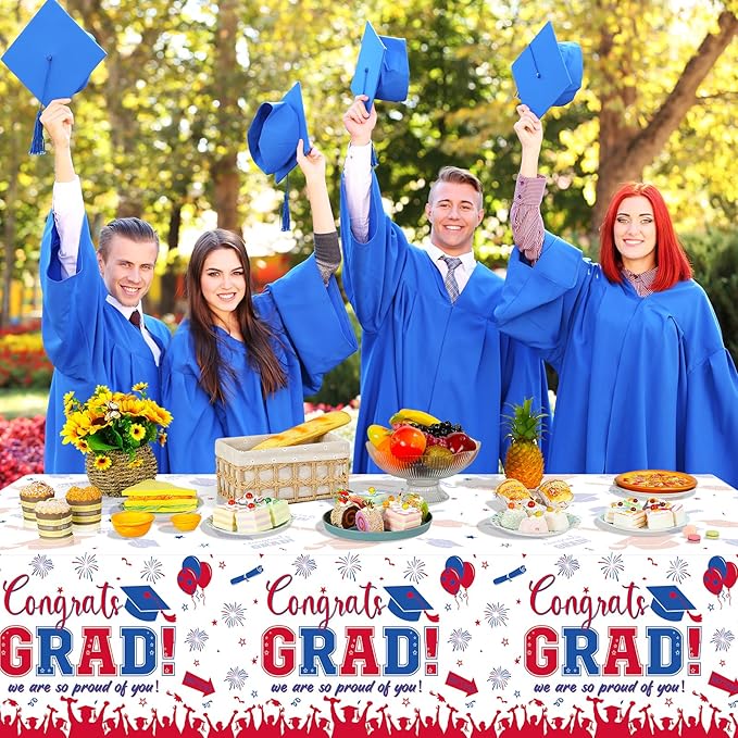 3 Pack Graduation Tablecloth Party Decorations, Class of 2026 Congrats Grad Plastic Tablecover Party Supplies, Blue and Red Rectangle Graduation Table Decor for College High School Party, 54x108Inch