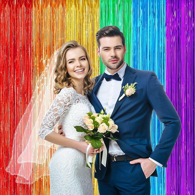 2Pack Rainbow Backdrop Curtains for Wedding Birthday, 3.3x8.2ft Fiesta Party Decorations Foil Fringe Curtains Backdrops, Rainbow Party Supplies for Halloween Metallic Tinsel Backdrop Party Streamers