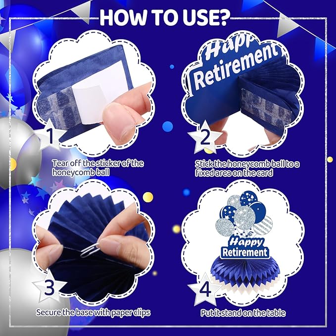 RUMIA 8pcs Navy Blue Silver Retirement Letter Print Honeycomb Centerpieces for Retirement Parties