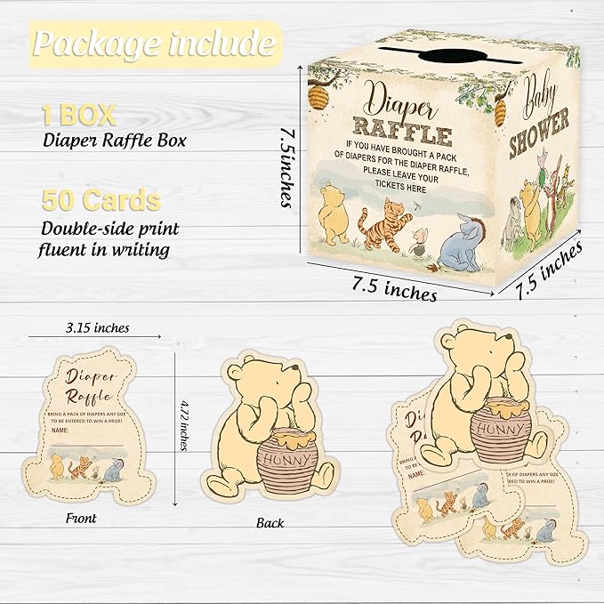 Winnie Baby Shower Decorations, Pooh Party Decorations, The Pooh Baby Shower Games, Winnie Diaper Raffle Box with 50Pcs Cards，Newborn Party Favors Boys and Girls First Birthday Supplies