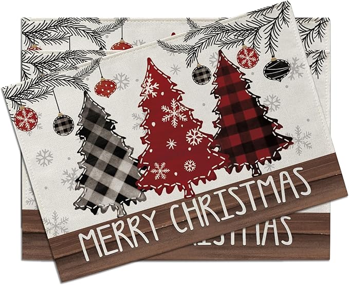 Merry Christmas Tree Placemats Set of 4, Xmas Red Black Buffalo Plaid Snowflake Farmhouse Dining Place Mats Table Decor, Rustic Winter Holiday Balls Home Kitchen Decoration 12 x 18 Inches