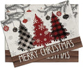 Merry Christmas Tree Placemats Set of 4, Xmas Red Black Buffalo Plaid Snowflake Farmhouse Dining Place Mats Table Decor, Rustic Winter Holiday Balls Home Kitchen Decoration 12 x 18 Inches