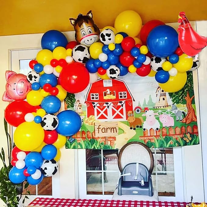 138Pcs Cow Balloon Arch Garland Kit Farm Animals Party Decorations Red Yellow Blue Green Animal Print Balloons for Farmhouse Barn Birthday Country Western Cowboy Baby Shower Party Supplies