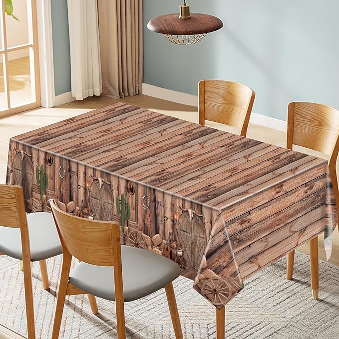 Western Party Tablecloths, 54 x 108 Inch Disposable Plastic Cowboy Table Cover for Rustic Farmhouse, West Wooden House, Western Theme Birthday Decorations Outdoor Indoor Party