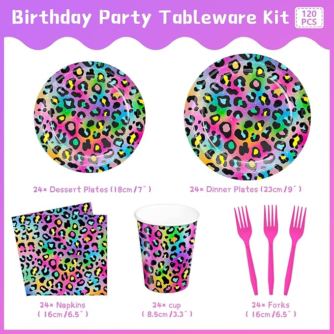 120pcs Neon Rainbow Leopard Birthday Party Supplies Paper Plates Napkins Cheetah Girl's Sparkly Splatter Paper Tableware Set Disposable Cups Pink Forks 24 Guests
