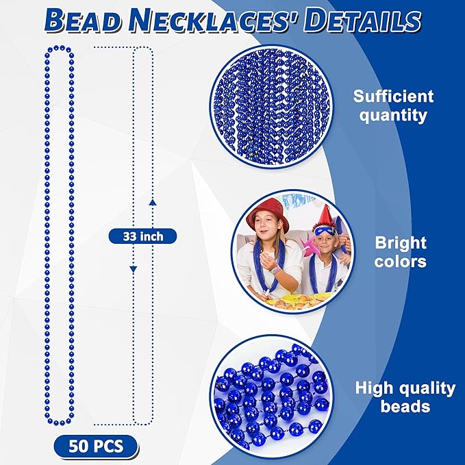 50PCS Christmas Bead Necklace, Blue Bead Necklaces Stuff, 33" Mardi Gras Beads Necklace Costume, Festival Parade Throw Accessories for Wedding Birthday Party Events Supplies Decorations