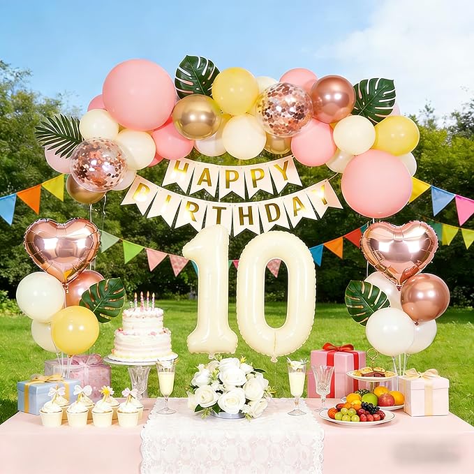 10th Birthday Decorations for Girl, Retro Sand White and Cream Balloon Garland Kit, Cream Number 10 Balloon, Pink Double Digits Banner, 10 Year Old Party Supplies