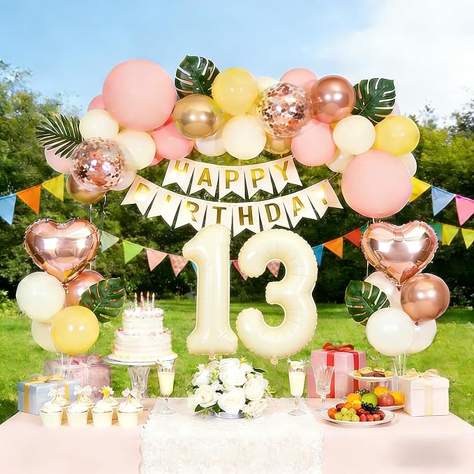 13th Birthday Decorations for Girl, Retro Sand White and Cream Balloon Garland Kit, Cream Number 13 Balloon, Pink Official Teenager Banner, 13 Year Old Party Supplies